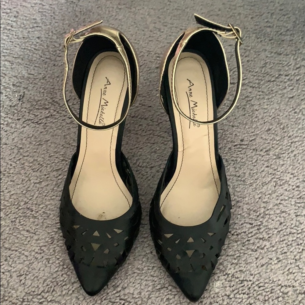 Gold and black ankle strap heel